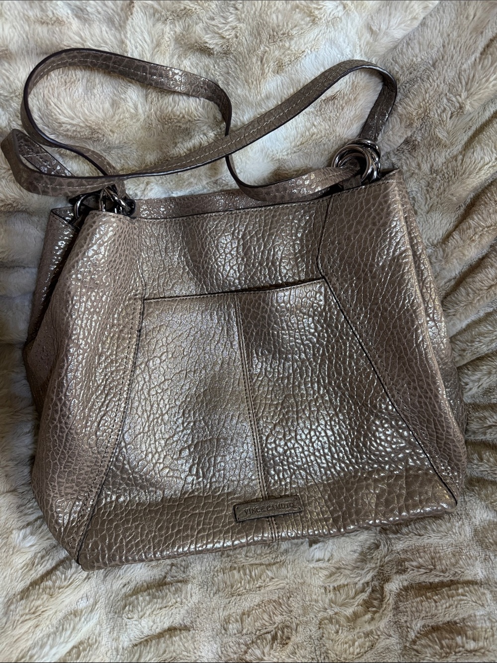 Vince Camuto Metallic Taupe Pebbled Leather Shoulder Bag